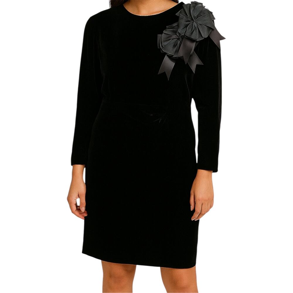 Vintage Scott McClintock Velvet Midi Dress Bow Applique Long Sleeve Black 8